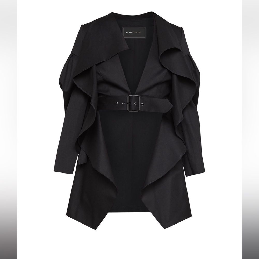 BCBG Maxazria Black Cotton Puff Sleeve Belted Trench Coat